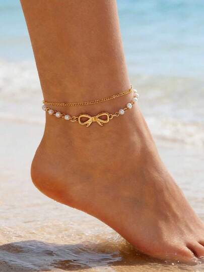 2件套时尚百搭金属珍珠蝴蝶脚链，日常叠戴的精美礼物