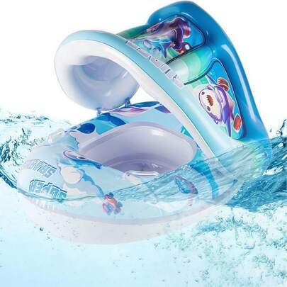 A Cute Blue Shark Patterned Cartoon Children's Swimming Ring With Handles, Anti-Tip, Summer Pool, Sunshade Seat, Water Toy Swimming Ring