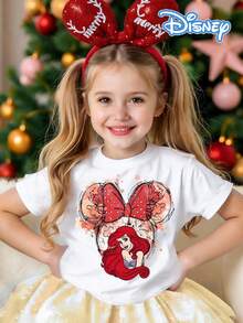 Disney White Background The Ariel Minnie Bow Watercolor Style Print Loose Short Sleeve T-Shirt - Sweet And Cute Casual Top - trắng - Xem 1
