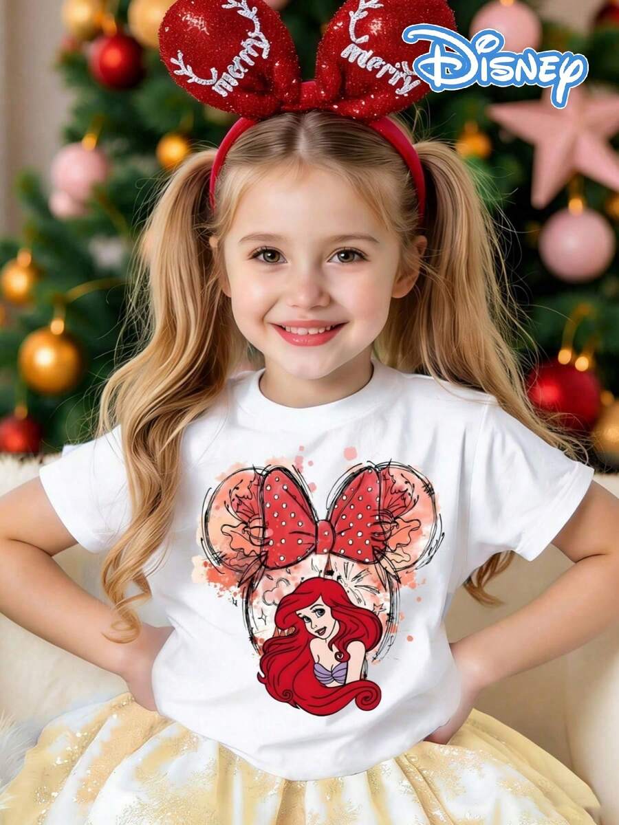 Disney White Background The Ariel Minnie Bow Watercolor Style Print Loose Short Sleeve T-Shirt - Sweet And Cute Casual Top - trắng - Xem 1
