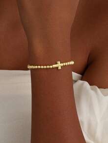 3pcs 14K Gold-Plated Bead Faux Pearl Cross Bracelet Set For Women Stylish, Delicate, Casual Adjustable Stretch Bracelet Set With Asymmetrical Pearl Cross Birthday Gift, Christian Jewelry Gift, Faith Jewelry Gift - Gold - View 1