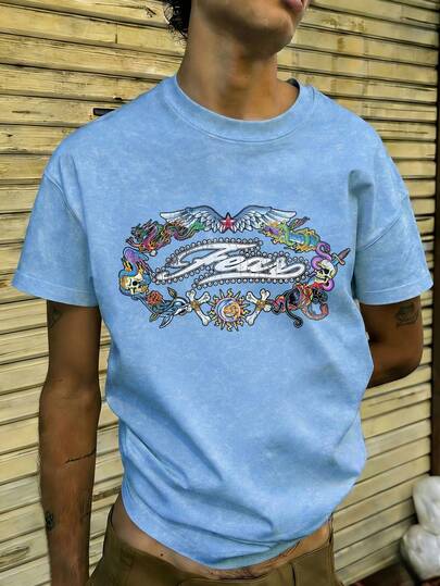  Camiseta de manga corta casual y suelta de moda para hombres Fractyr | Estampados de dragón, dios sol, calavera y elementos | Diseño exquisito | Imprescindible para primavera/verano | Estilo retro | Versátil y fácil de usar, tela de algodón lavada desgastada en azul claro | El regalo perfecto para amigos | Muestra tu personalidad única