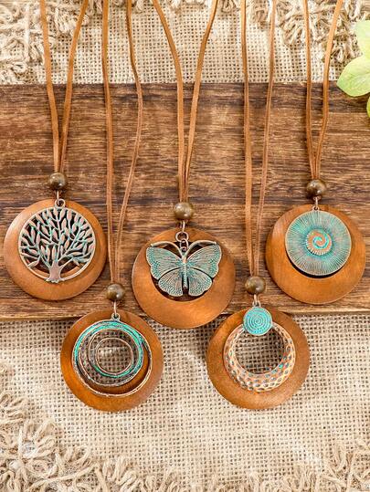 TopHanqi 5/3pcs Vintage Butterfly & Tree Of Life Patina Necklace Set, Bohemian Wood Disc Pendant Long Necklace, Suitable For Daily Wear And Travel Outfits