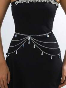 1pc Women's Gothic-Style Waist Chain With Teardrop Shaped Crystal For Christmas, Halloween, Wedding, Party And Everyday Wear, 105cm In Length Summer, School Fall, Autumn, Halloween CBRF - 銀色 - 查看 7