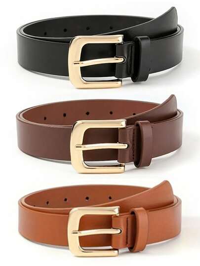 3Pcs Set Stylish Slim Women's Golden Needle Buckle Waist Belt , PU Material - Simple Casual Elegant Solid Color Belt,For Men Women,Perfect For Jeans And Dresses, Ideal For Casual Outings, Weddings, Date Nights, Office Wear, Everyday Leisure, Evening Gown Accessories