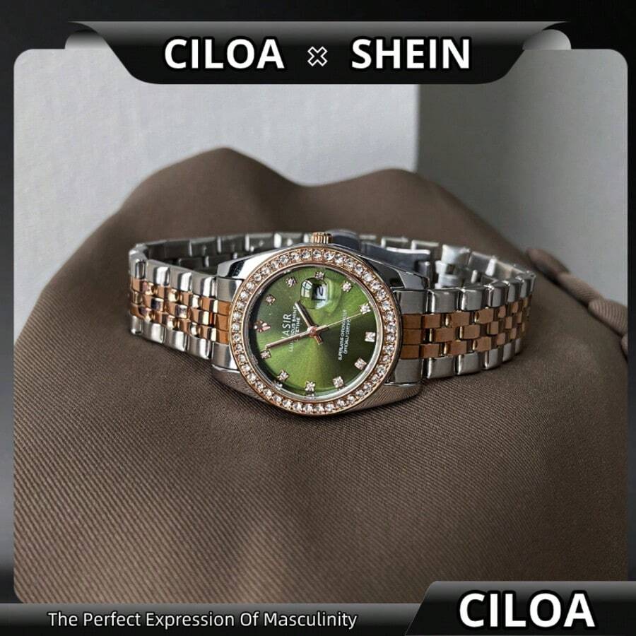 NASIR 1pc Popular High Aesthetic Gold Strap With Full Diamond Dial, Multifunctional Waterproof Light Luxury Women's Watch - màu xanh lá - Xem 1