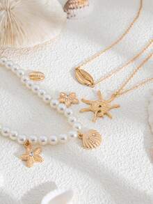 Set de 3 piezas de collar con cadena chapada en cobre con perlas, estrella de mar y concha, estilo bohemio, adecuado para mujeres en vacaciones de playa, citas, fiestas y uso diario - Collar de estrellas de mar y vieiras - Ver 3