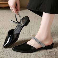 Zapatos individuales de mujer con suela plana Sandalias sin cordones de punta afilada inspiradas en las hadas Novedades de verano Tacones gruesos versátiles Ropa de moda para el día a día Correa de strass en el tobillo Zapatos sin cordones con punta semiabierta - Negro - Ver 1