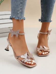 Luxury Rose Gold Metal Square Toe High Heel Sandals, Butterfly Crystal Ankle Strap, Suitable For Teenagers - Gold - View 7