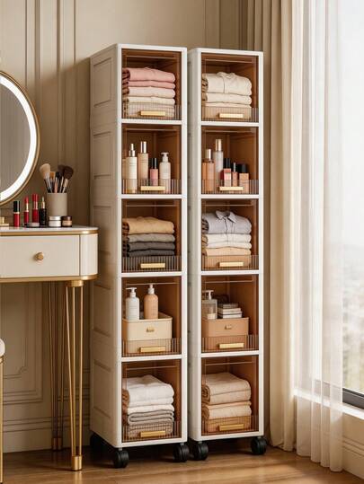 1pc 20cm/7.8in Wide Slim Plastic Storage Cabinet, Flip-Top Folding Cabinet, 3-5 Tiers Options, Wardrobe Organizer Box, Living Room Storage Cabinet, Can Store Children's Toys And Snacks, Multi-Layer Clothes Storage Cabinet, Household Dust-Proof Rack, Under-Bed Storage Cabinet, Bathroom Storage Cabinet