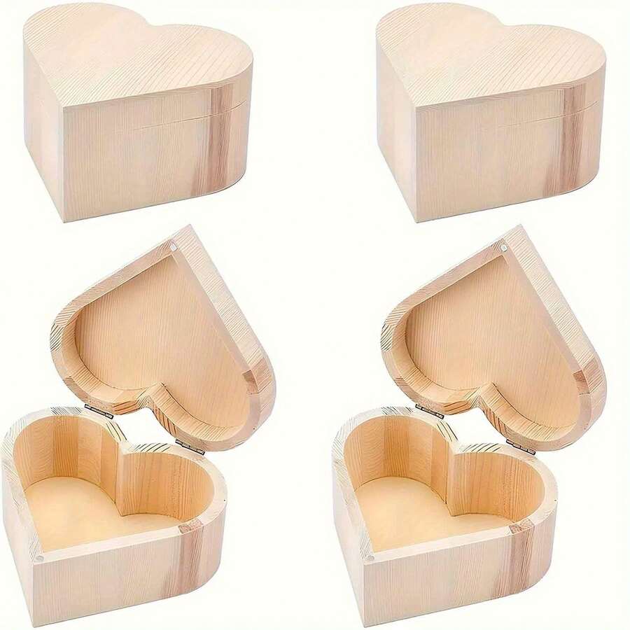 4pcs Unpainted Heart-Shaped DIY Storage Box, Wooden Craft Box, Jewelry Box, Gift Box, Artist Tool - as shown - View 1