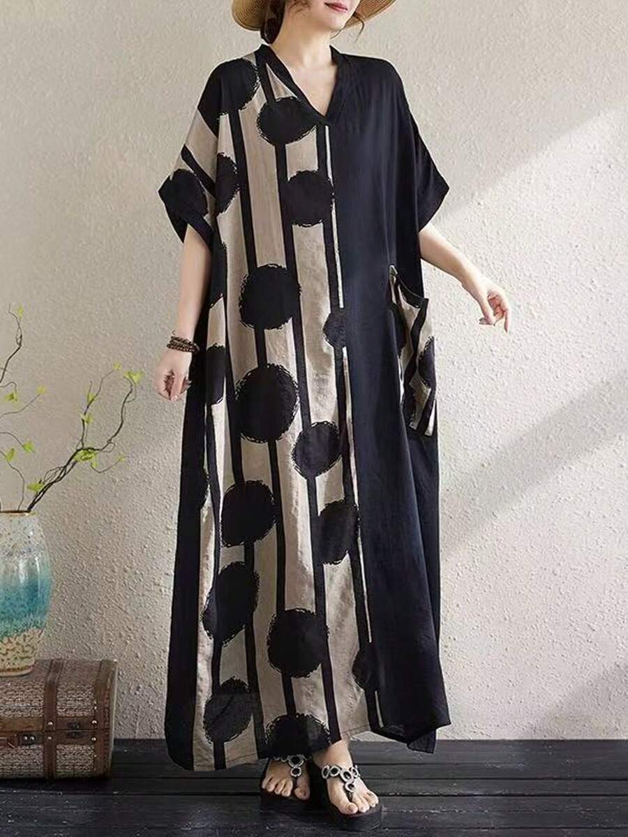 Women's Casual Long Kaftan Dress, Loose V-Neck Kimono Sleeve, Woven Fabric, Modern Polka Dot & Striped Pattern Vacation Spring Black - Black - View 1