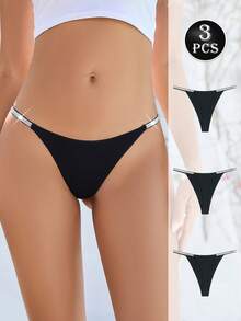 3条装性感低腰丁字裤，透气柔软无缝女士舒适内裤，黑色 - 黑色 - 查看 1