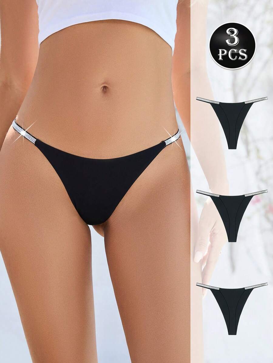 3条装性感低腰丁字裤，透气柔软无缝女士舒适内裤，黑色 - 黑色 - 查看 1