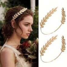 [Exquisite Jewelry] 1pcs Golden Leaf Back-Wear Hairband |   Baroque Style Olive Branch, High Crown Fashion Metal Hair Clips For Bridal Crowns &Baroque Hair Jewelry &Metallic Tiara &Bridal Headpiece - Gold - 查看 1