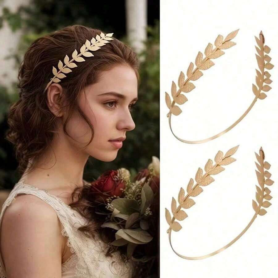 [Exquisite Jewelry] 1pcs Golden Leaf Back-Wear Hairband |   Baroque Style Olive Branch, High Crown Fashion Metal Hair Clips For Bridal Crowns &Baroque Hair Jewelry &Metallic Tiara &Bridal Headpiece - Gold - 查看 1