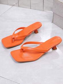 Sandalias de deslizamiento con punta cuadrada y correa ancha de cuero suave, chanclas con tacón de gatito, sandalias de tira versátiles con tacón fino para mujeres - Naranja - Ver 3