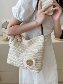 1个米色大容量编织手提包，雏菊蕾丝蝴蝶结单肩包，波西米亚风格，适合夏季海滩、度假、日常通勤。 - 咖啡 - 查看 7