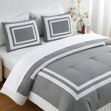 Wyatt 7-Piece Square Pattern Hotel Style Bed In A Bag Comforter Set With Bed Sheets - Gray/White - View 9