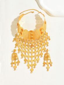 3件套奢华沙特风格复古开斋节礼物长款夸张花朵流苏耳环项链首饰套装，新娘婚礼派对节日配饰，女士 - 金黃色 - 查看 13