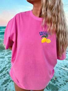 FRESHLY SQUEEZED Casual Lemon Vacation Atmosphere Graphic Oversized Round Neck Short Sleeve-Shirt WomenUnisex Casual-ShirtsCasual Short-Sleeve-Shirts Men And Women - 玫紅色 - 查看 4