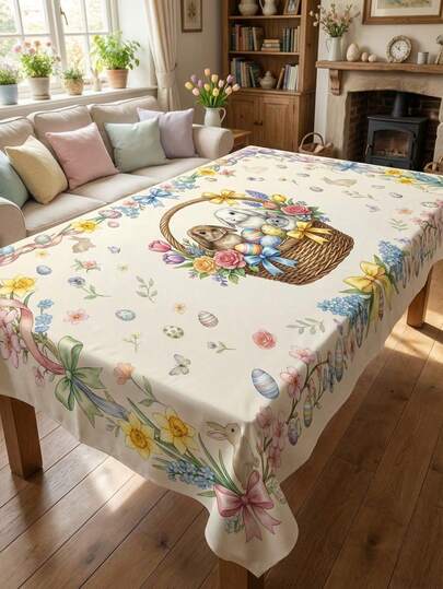 1pc Easter Bunny Floral Basket Tablecloth - Watercolor Eggs And Floral Pattern, Suitable For Spring Dining, Holiday Family Gatherings And Farmhouse Style Table Decor | Soft Home Decor Color Scheme