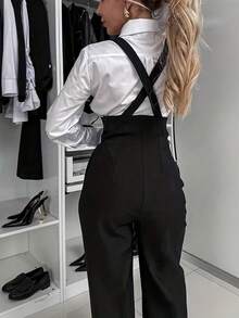 Women's New Metal Button Decor Solid Color Double-Breasted Jumpsuit, Office & Casual Wear, Spring/Summer Black Elegant - Black - View 4