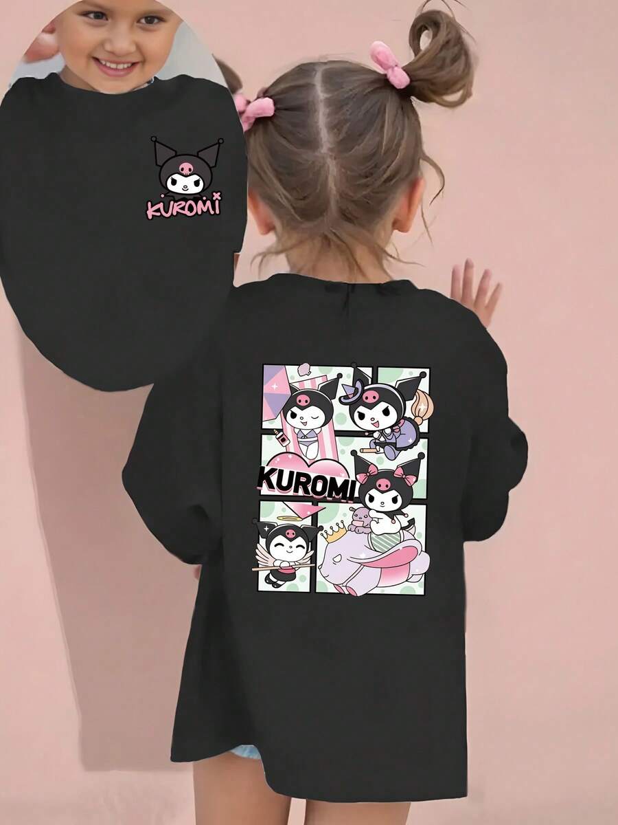 [Authorized] Kuromi Print Sanrio Girl's Summer Round Neck Casual T-Shirt Slightly Stretchy Fabric Suitable For Birthday Gifts Ideal For Daily Activities, Sports, And Travel Summer T-Shirts For Girls - 黑色 - 查看 1