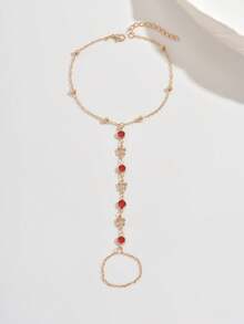 1pc Rhinestone Butterfly Decor Anklet With Toe Ring, Vintage Red Gemstone Connected Anklet, Fashion Barefoot Foot Jewelry For Women & Girls - Red - View 3
