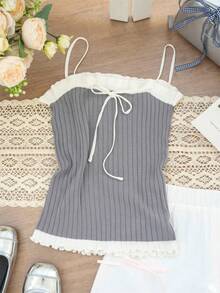 春夏简约性感荷叶边系带吊带背心，罗纹针织修身背心，甜美性感露脐上衣，适合女孩休闲穿着 - 灰色 - 查看 4