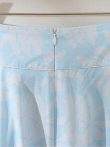 Women's Light Blue A-Line Flare Skirt, Paired With Tie Waist Belt And Floral Pattern, Showcasing Casual Elegant Style - Baby Blue - View 5