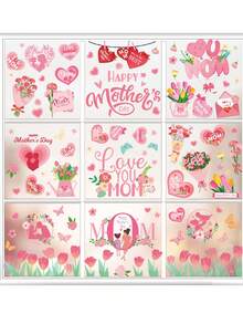 9pcs/Set Pink Mother's Day Window Stickers, Patterns Include Tulips, Butterflies And Hearts, Removable Static Cling Window Decals, Suitable For Bedroom, Living Room, Balcony And Shop Windows - Multicolor - View 4