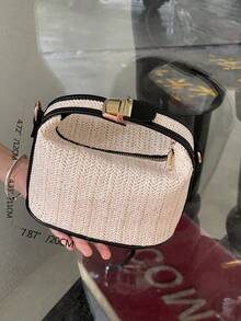 1pc New Fashion Large Capacity Casual Versatile Straw Bag With Cherry Charm, High-Quality Contrast Color Tote Bag, Perfect For Beach, Outing, Party, Vacation, Adjustable Shoulder Strap, Crossbody Bag - Black - View 4