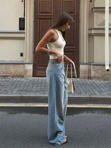 女士无袖短款针织上衣 - 纯色修身圆领，性感夏季度假必备单品，休闲街头风 - 杏色 - 查看 7