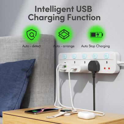 4-Way British Style Extension Socket With Power Indicator Light And 3 USB Slots, Made Of PP Material, Suitable For Office, Kitchen, Living Room, School, White, Extension Cord Power Outle