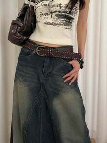 1pc Women's Coffee-Colored PU Leather Punk Style Double Row Rivet Decor Belt, Versatile Accessory Summer, School Fall, Autumn, Halloween SBXU - 黑色 - 查看 3