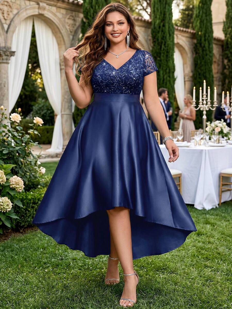 Plus Size V-Neck Lace Sequin Insert Contrast Satin High Low A-Line Hem Evening Party Formal Dress, Prom Dress, Wedding Guest Dress, Summer Dress, For Birthday, Graduation, Homecoming, Vacation Elegant
