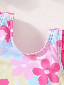 Conjunto de 2 peças para bebê menina, estilo casual, doce e fofo, para férias na praia, composto por body de tricô colorido com gola redonda e estampa floral, ideal para o verão. - Rosa Quente - Ver 3