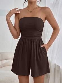 Women Summer Romper Strapless Tube Ruffle Boho Loose Shorts Jumpsuits Pockets Casual Daily Spring Holiday Beach Vacation Airport Outfits - màu nâu - Xem 5