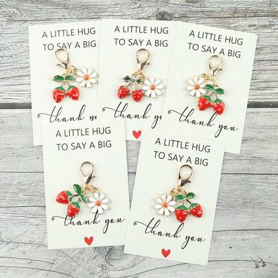 1pc/5pcs Mini Cute Strawberry And Daisy Keychain With "Thank You" Encouragement Card - Cute Floral Fruit Hanging Ornament For Keys, Bags, Clothes, Etc., Perfect Gift For Female Friends, Birthday Surprise And Thanksgiving Decoration