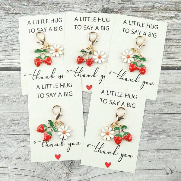 1pc/5pcs Mini Cute Strawberry And Daisy Keychain With "Thank You" Encouragement Card - Cute Floral Fruit Hanging Ornament For Keys, Bags, Clothes, Etc., Perfect Gift For Female Friends, Birthday Surprise And Thanksgiving Decoration