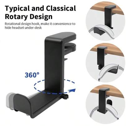 360° Rotating Adjustable Headphone Stand - Ergonomic Desk Under-Site Headphone Stand With Cable Management Clip, Easy-To-Install Clip-On Headphone Stand, Durable Plastic Gaming & Music Headphone Stand Suitable For DJs, Simple Design, Sturdy Construction, Suitable For Home & Office Headphone Hook, Multi-Functional Hook