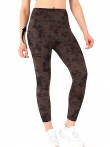 Women's High Waisted Yoga Sports Leggings, Fashionable Women's Sports Leggings, Sports Pants. Back Waist Pocket Design, Sporty Tie Dye High Waisted Sports Leggings, Suitable For Yoga Women's Pants - Màu nâu  Mocha - Xem 5