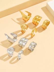 5pcs Geometric Asymmetrical Smooth Finish Ring Set, Thick Metal Feel Open Band Stainless Steel Rings, Waterproof & Fade-Resistant Jewelry For Women Daily Wear - Geometry - View 10