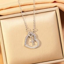 1件优雅奢华锆石镶嵌心形十字架吊坠项链，时尚百搭的颈链，适合日常佩戴 - 彩色 - 查看 3