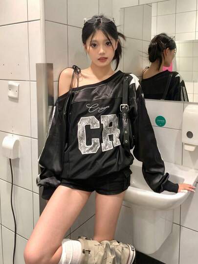 Áo sweatshirt nữ tay dài in chữ, kiểu dáng cổ điển Mỹ, thêu ren, vai lệch, thích hợp cho mùa xuân/thu.