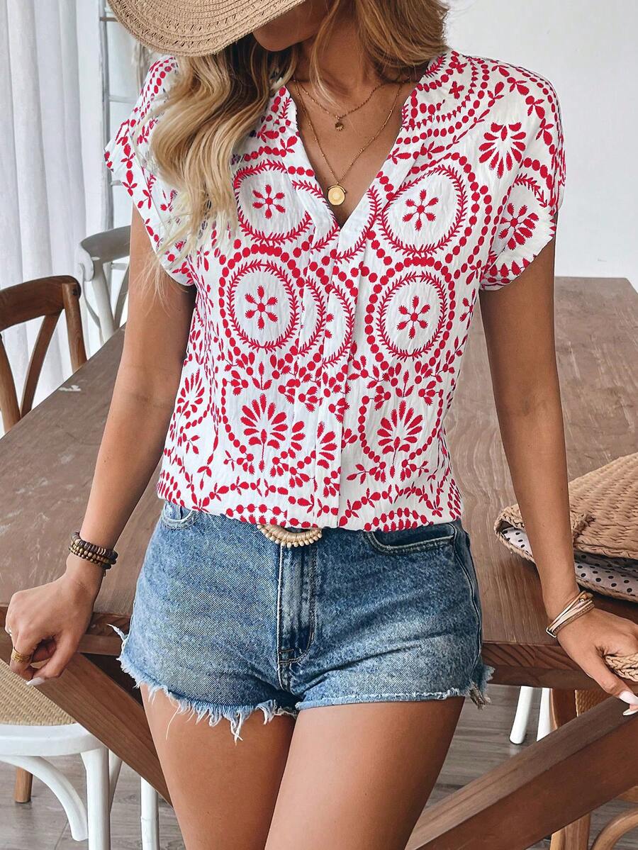 Women's Comfortable Bamboo Knot Print V-Neck Casual Blouse - Red - View 1