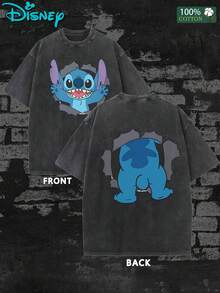 Disney Lilo & Stitch T-Shirt Men Double Sided Breakthrough Graphic Tee Washed Vintage Casual Short Sleeve Tops - màu đen - Xem 1