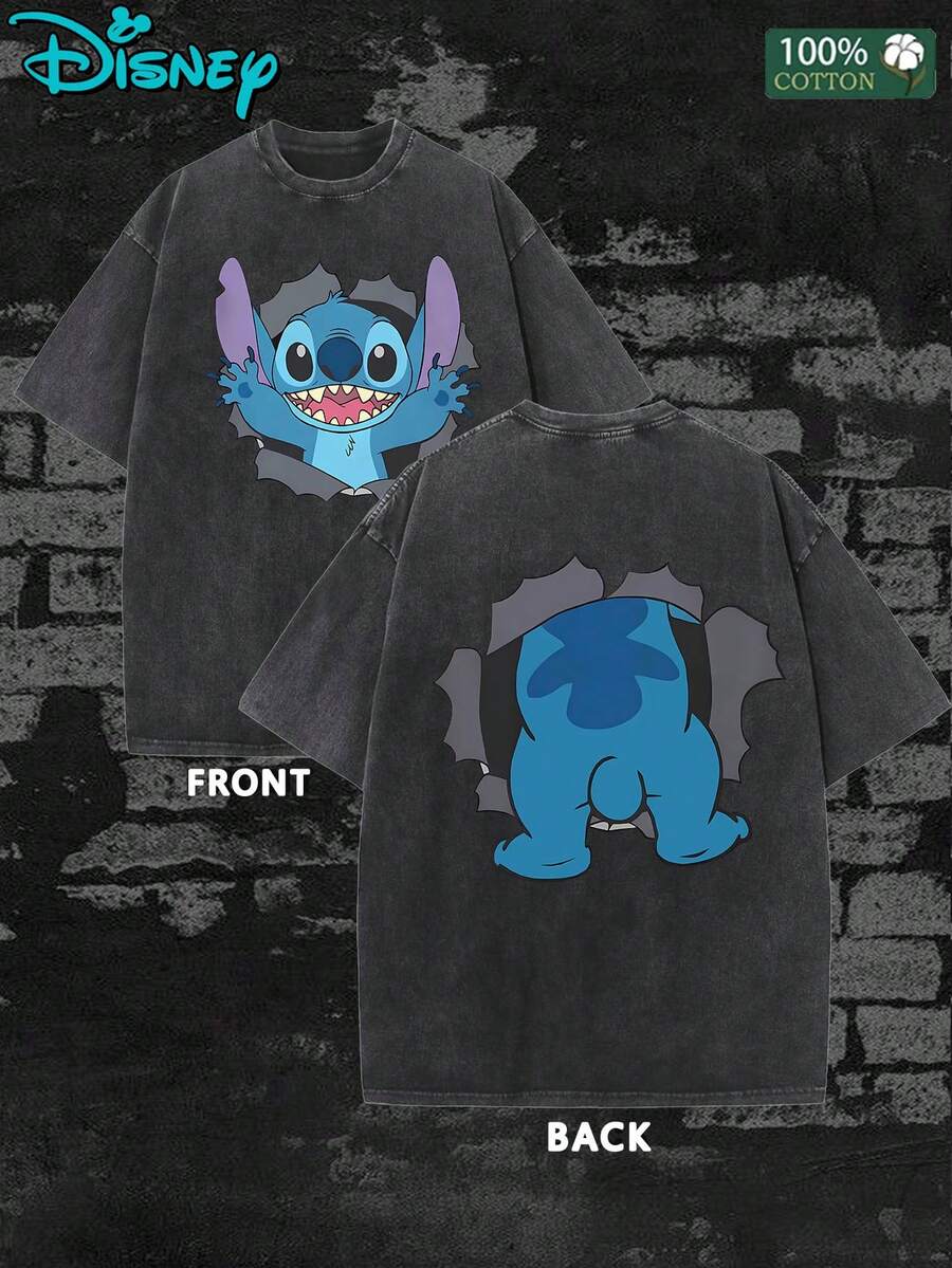 Disney Lilo & Stitch T-Shirt Men Double Sided Breakthrough Graphic Tee Washed Vintage Casual Short Sleeve Tops - màu đen - Xem 1