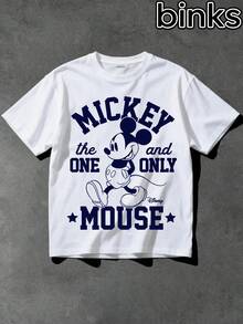 Disney Mickey Mouse Permission Pattern Print, Cartoon Elements Fashionable Loose Short Sleeved Street Style T-Shirt, Spring And Summer Fashionable Versatile Top - White - View 2